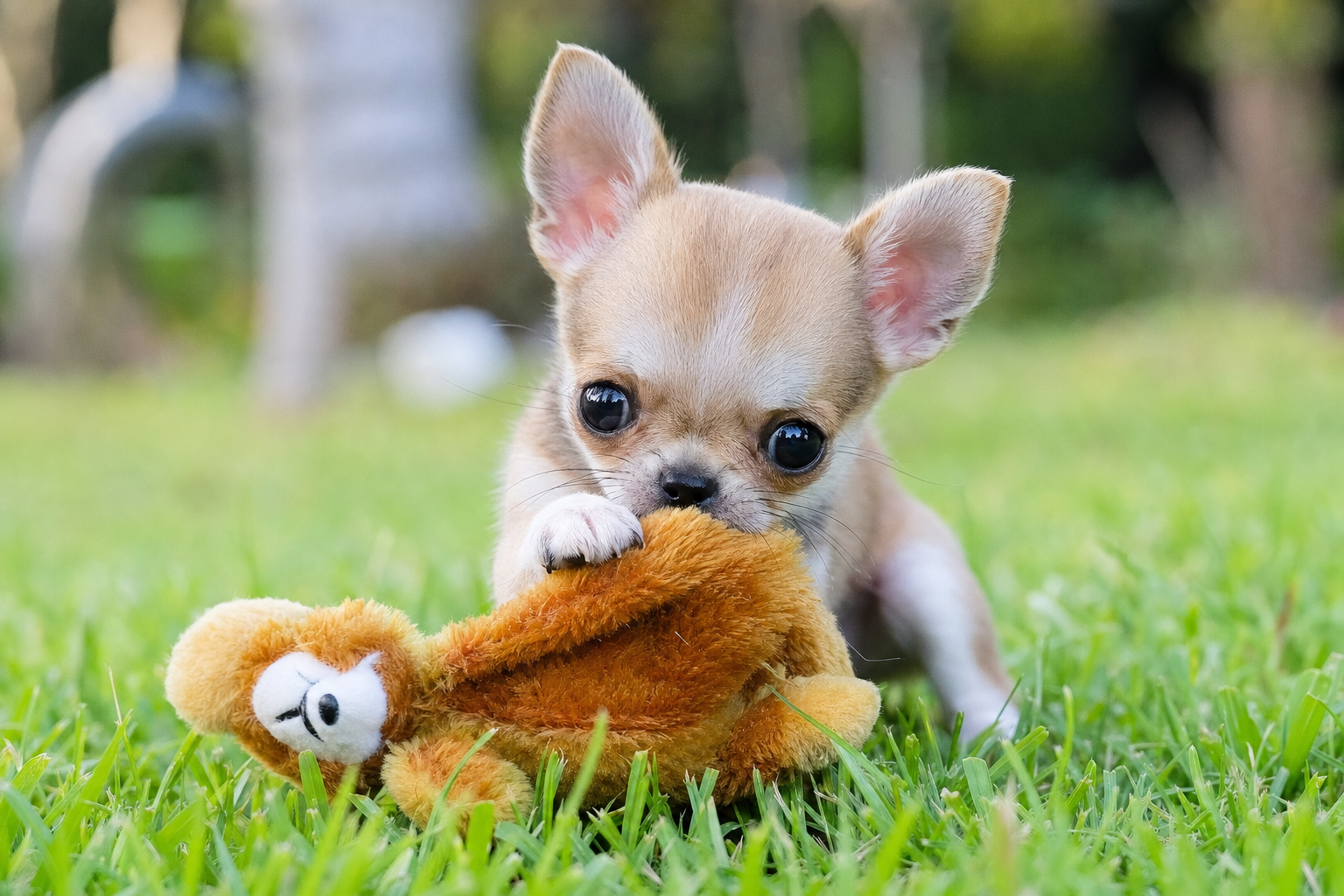 A happy Long Hair Chihuahua puppy playing with a colorful puzzle toy on a cozy blanket indoors during a fall afternoon.