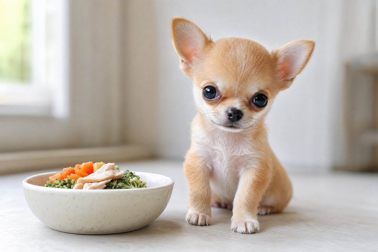 A healthy long hair Chihuahua puppy eating from a small bowl, illustrating the September 2026 nutrition guide.