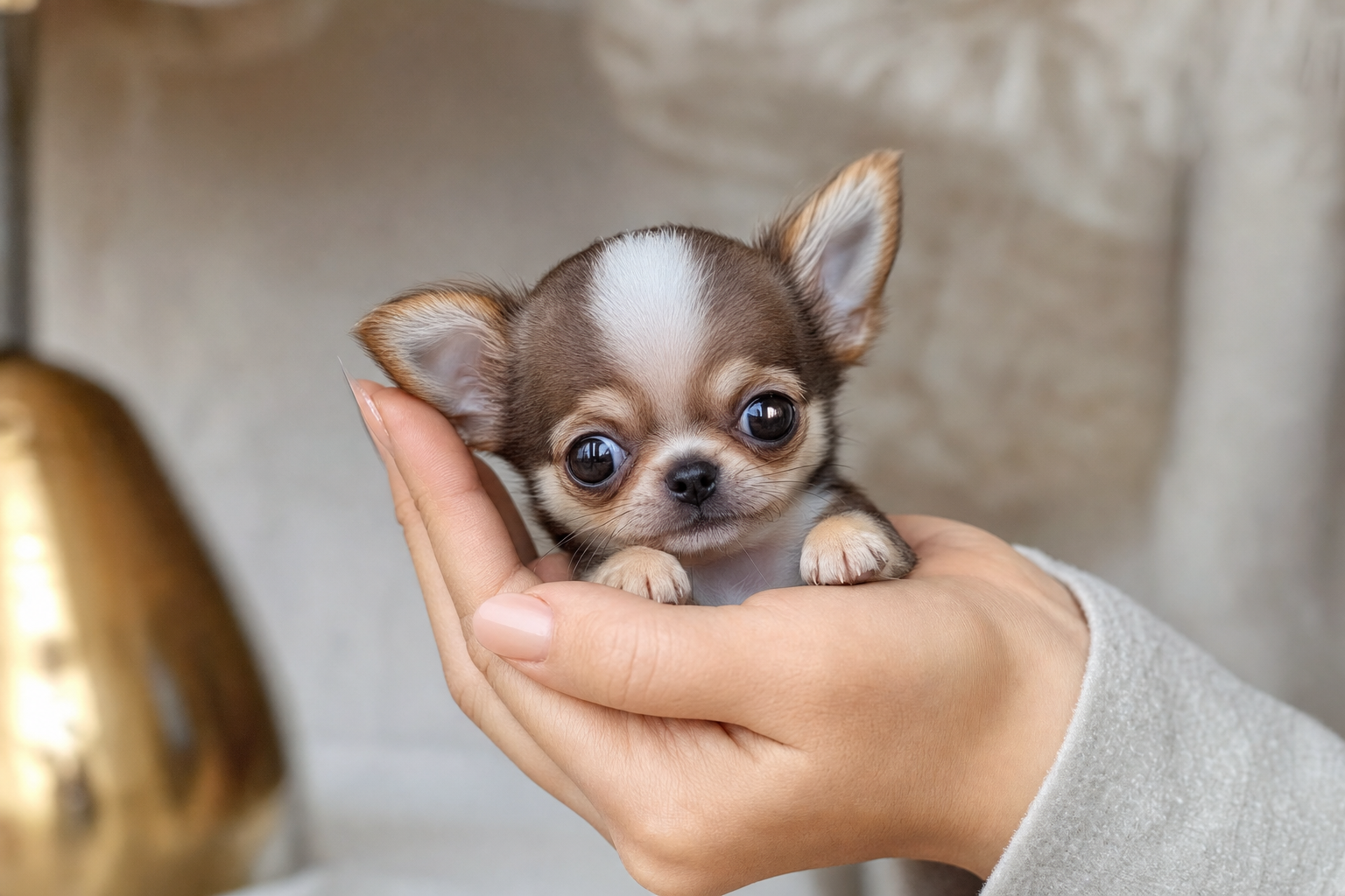 A woman with a gentle smile looking down at a fawn-colored Chihuahua puppy she is holding carefully in her hands.