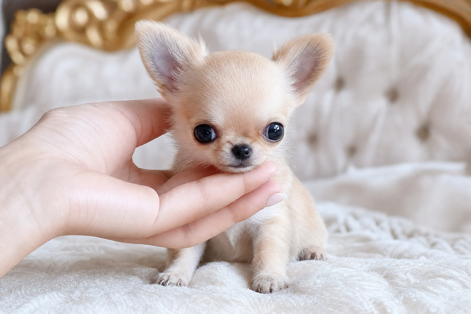 A tiny fawn teacup Chihuahua puppy with large, bright eyes sits on a soft cream blanket.