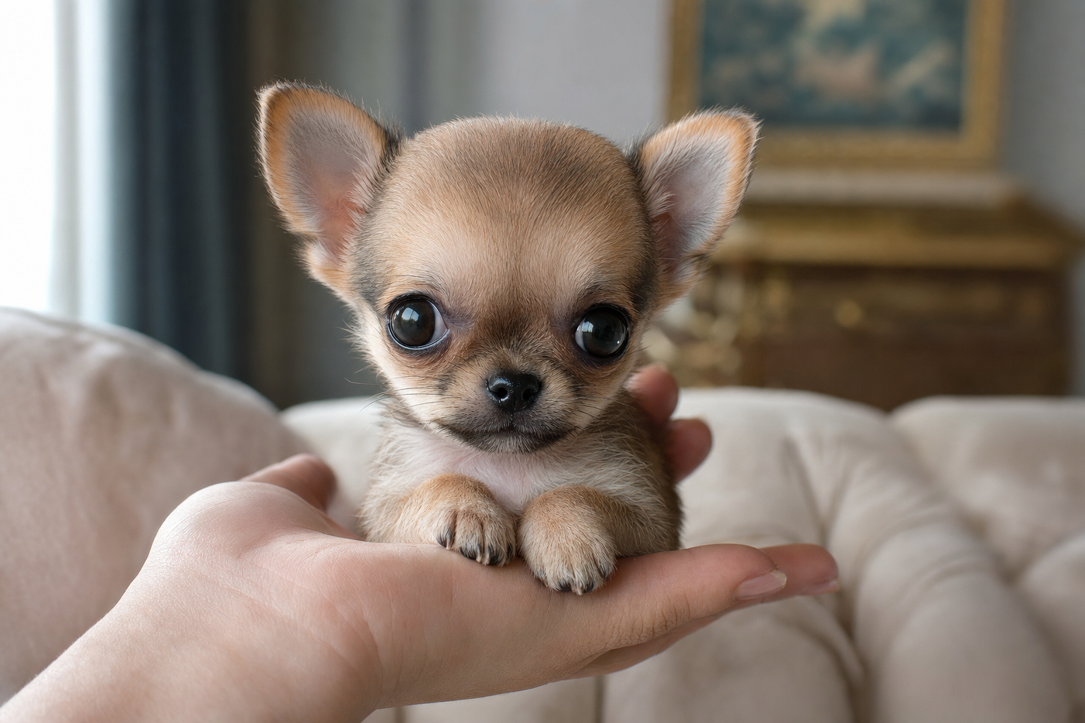 A tiny fawn-colored Miniature Chihuahua puppy sitting inside a bright, modern apartment.