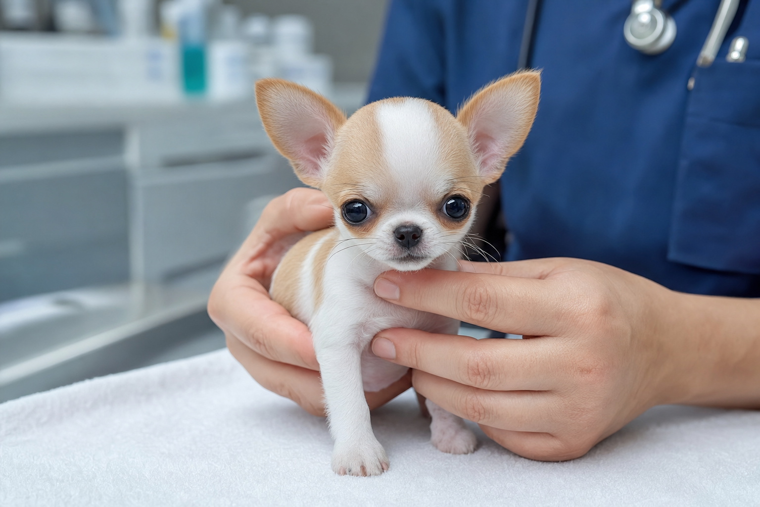 A healthy, alert long hair Chihuahua sitting on a plush rug, looking attentively at the camera.