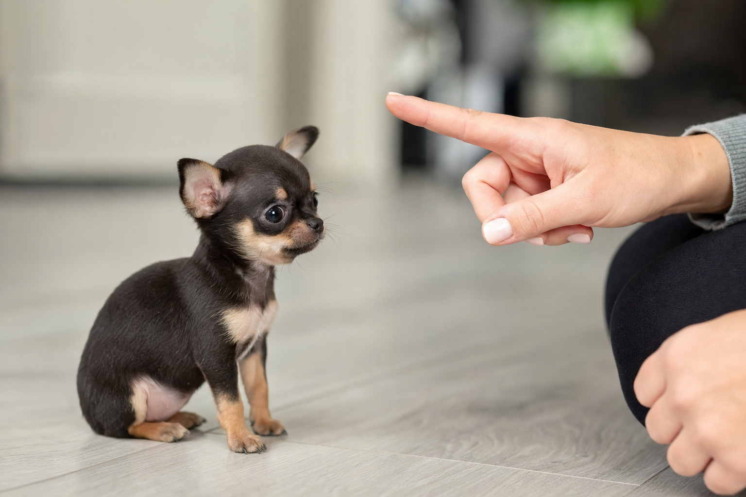 A happy long hair Chihuahua puppy sitting attentively during a training session in a brightly lit room.