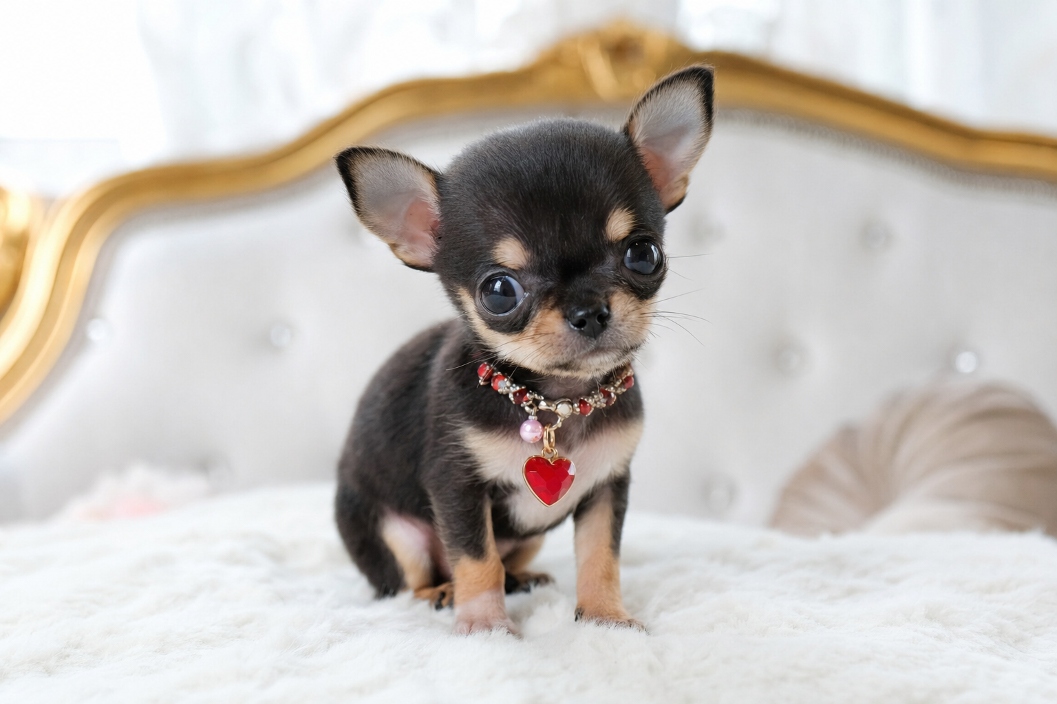 A tiny fawn Teacup Chihuahua puppy resting safely in a person's hands.