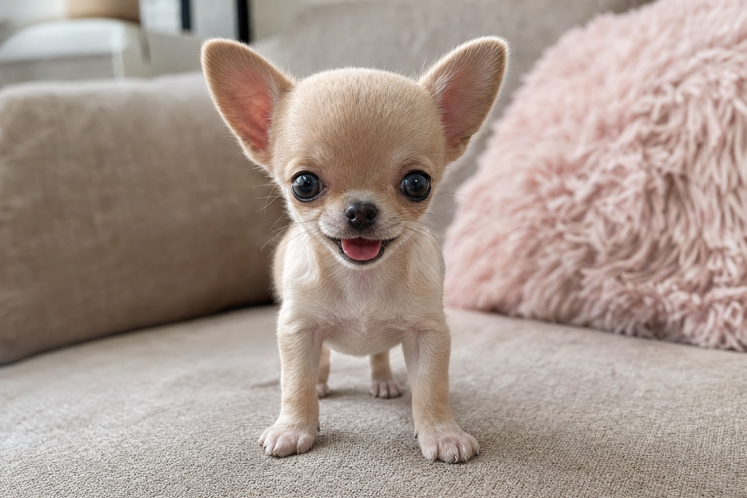 A tiny Apple Head Chihuahua puppy looking curiously at the camera, sitting on a soft white blanket indoors.