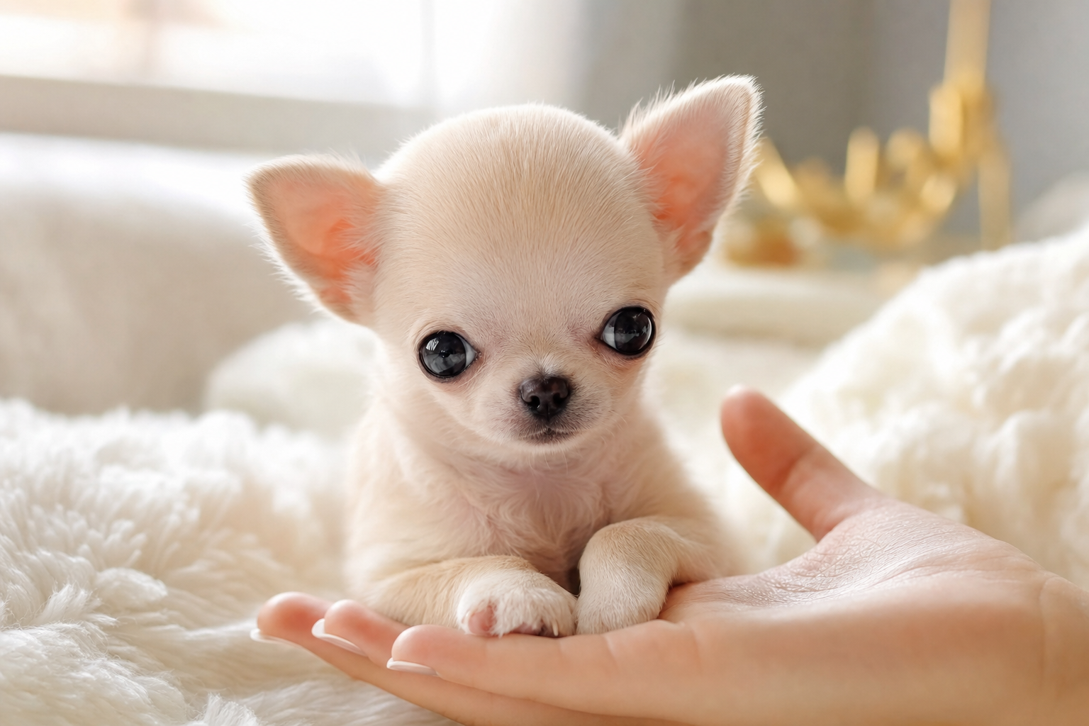 A gentle examination of a small Apple Head Chihuahua puppy's hind leg.
