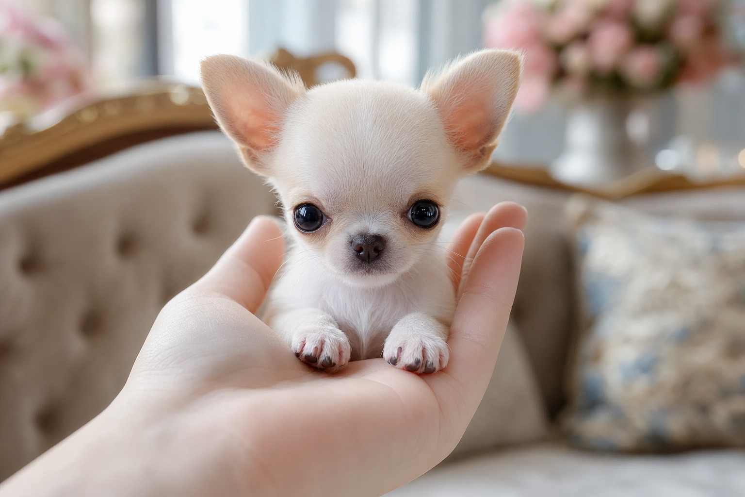 A tiny Apple Head Chihuahua puppy sitting on a veterinary exam table.
