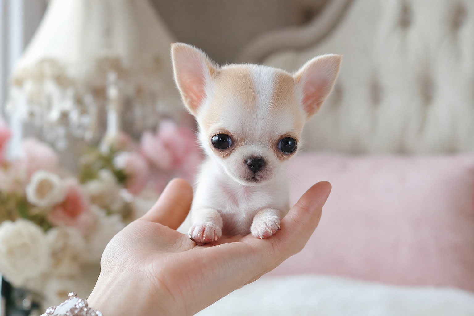 A person gently holding a tiny Apple Head Chihuahua puppy in their hands.