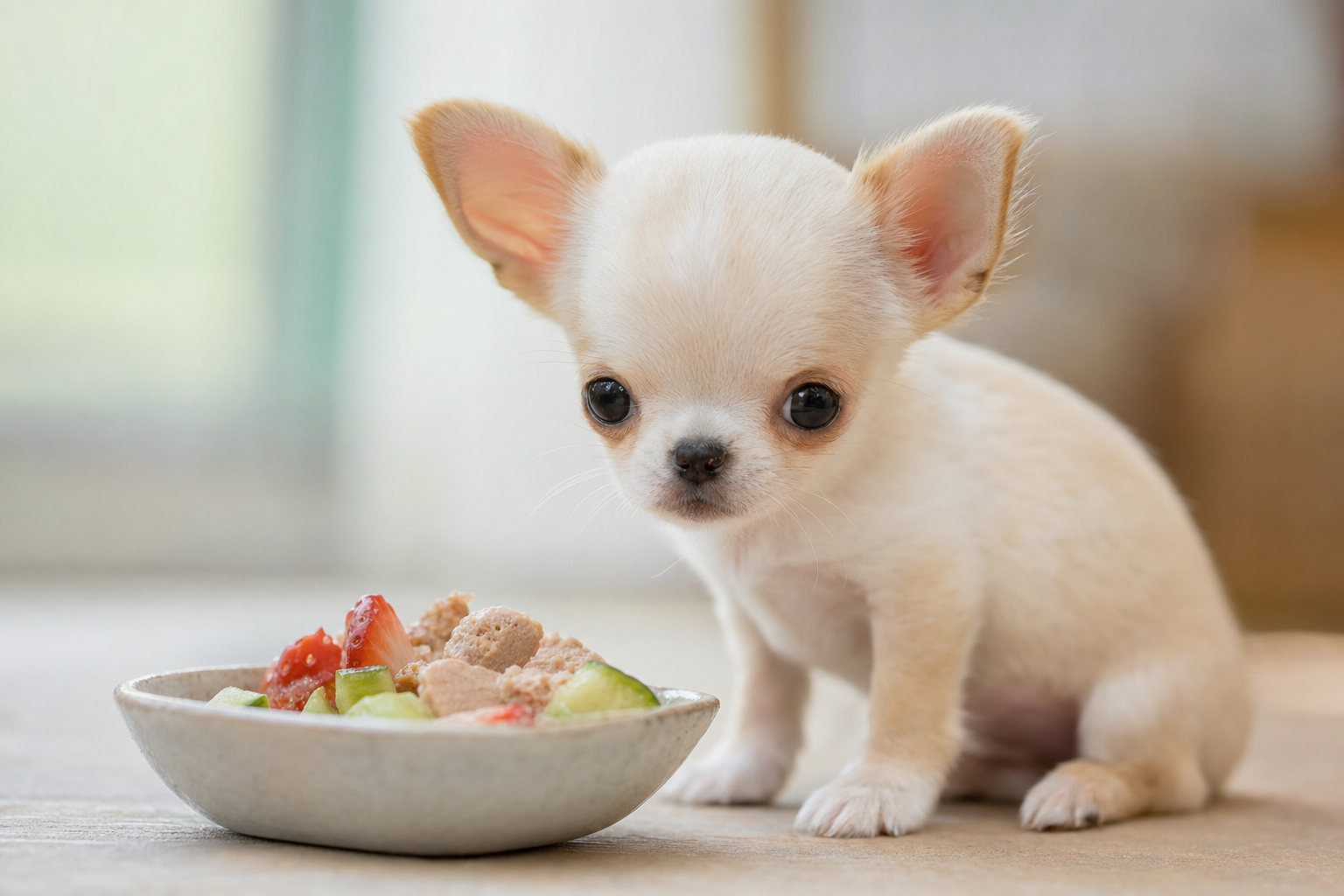 A healthy long hair Chihuahua puppy looking attentively at a small bowl of high-quality kibble.