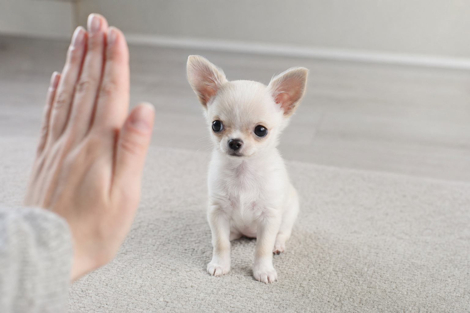 A long hair Chihuahua puppy sitting attentively during a training session in a park with autumn leaves on the ground.