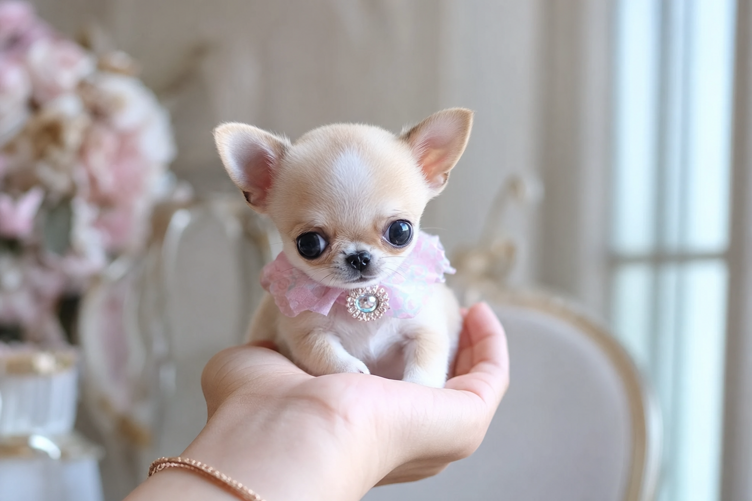 A small, smooth-coat Apple Head Chihuahua puppy enjoying being brushed on a cozy blanket.