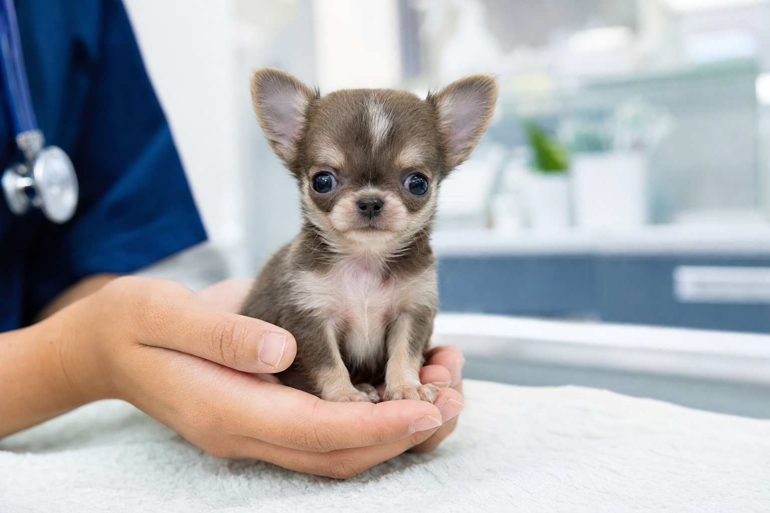 A healthy, alert long-hair Chihuahua sitting on a plush blanket, looking attentively at the camera indoors.
