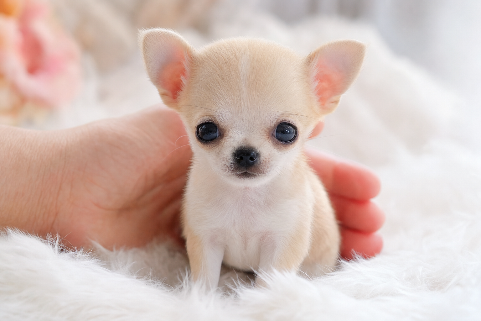 A small fawn-colored Apple Head Chihuahua puppy sitting on a white rug.