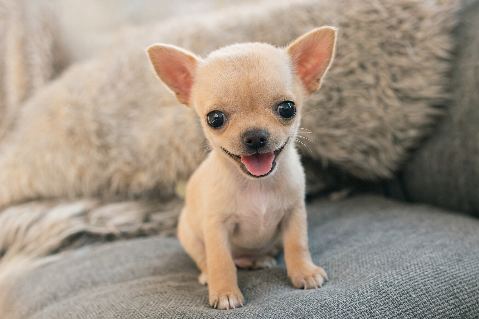 A tiny, healthy Apple Head Chihuahua puppy sleeping peacefully on a soft white blanket.