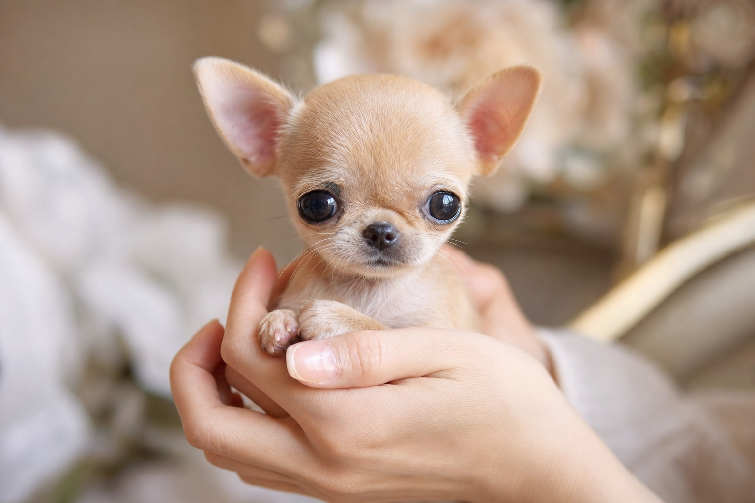 A tiny fawn Apple Head Teacup Chihuahua puppy looking at the camera while sitting on a soft white blanket.