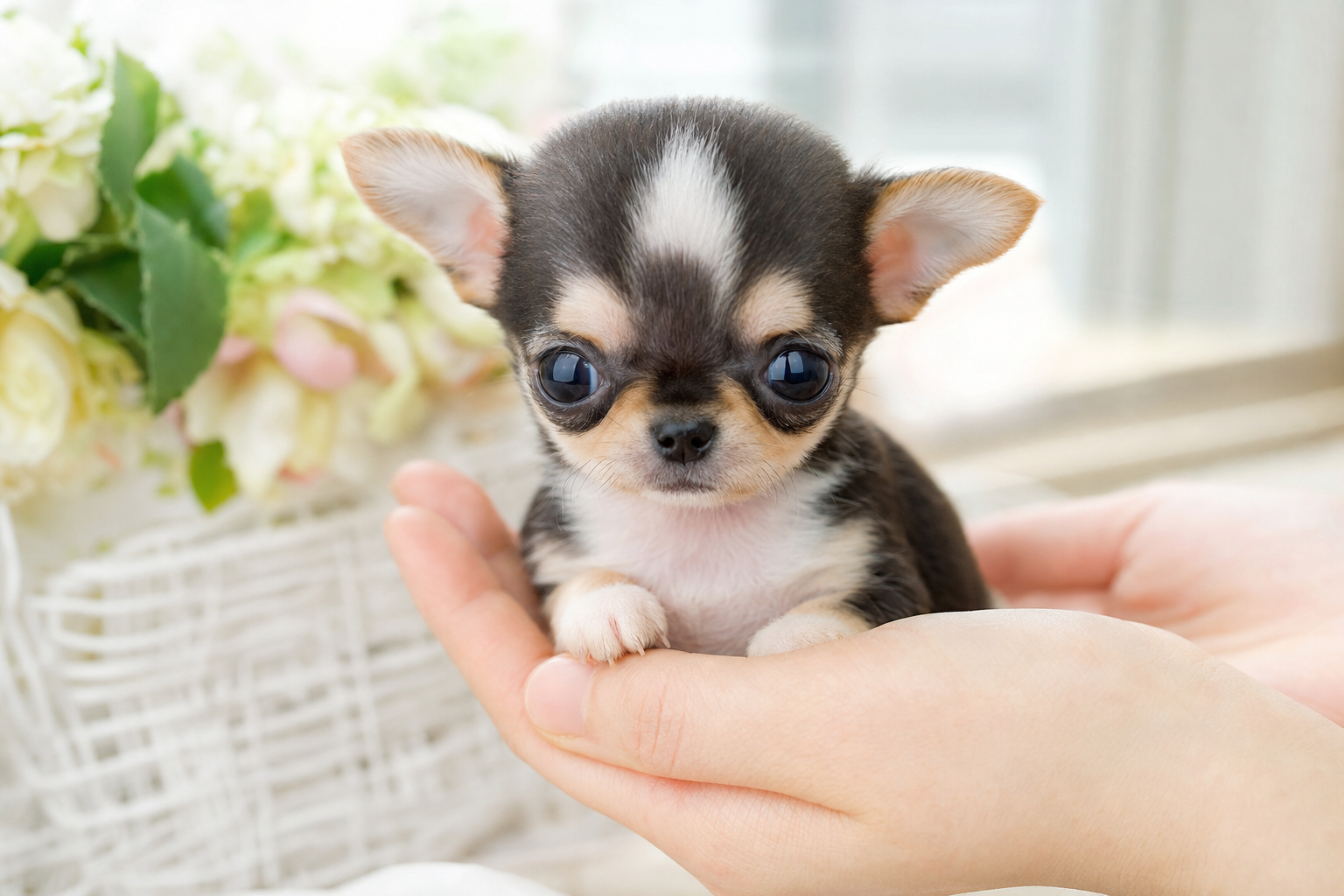 A long-hair Teacup Chihuahua puppy sniffing a small bowl of puppy food on a clean kitchen floor.
