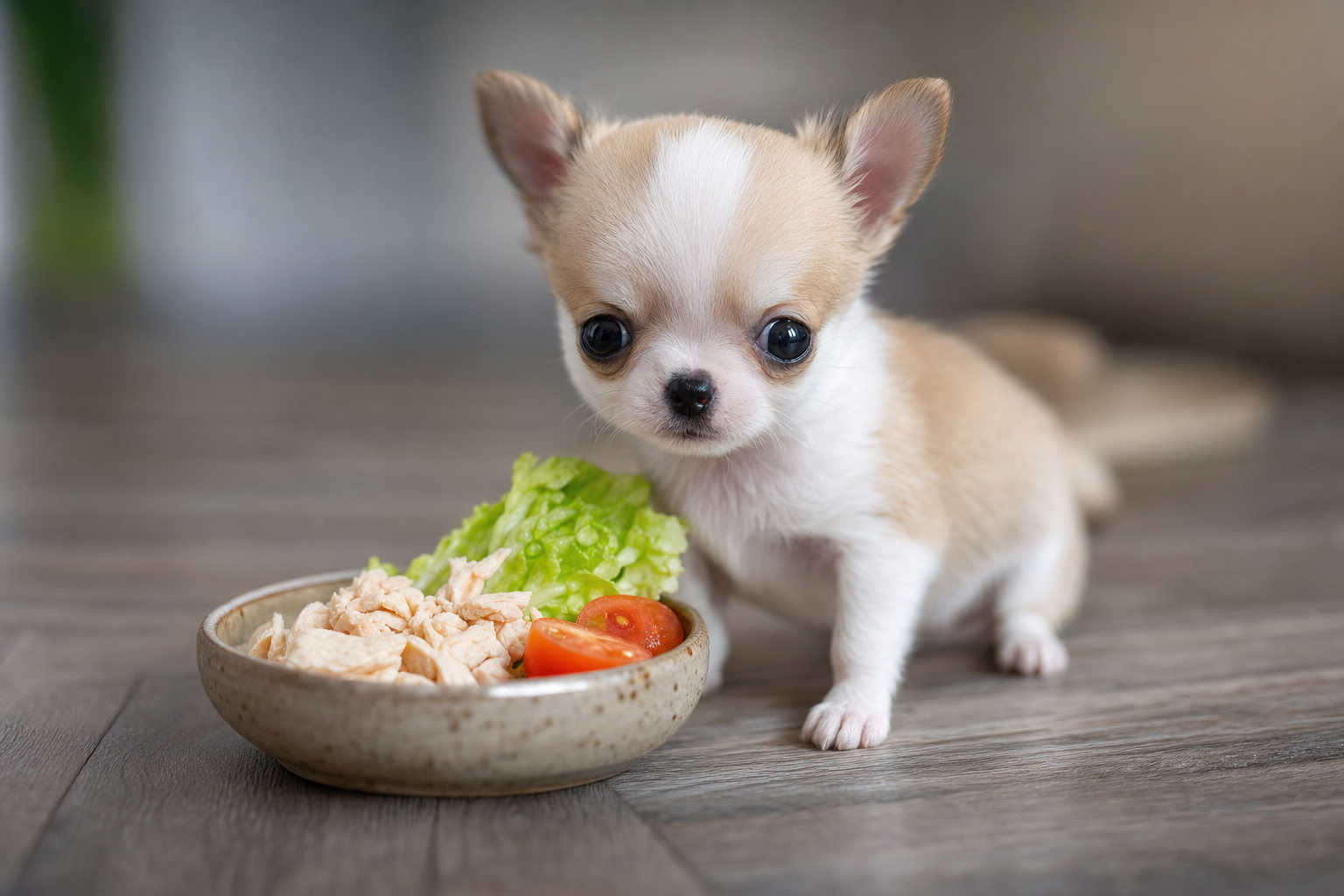 A healthy Long Hair Chihuahua puppy eating from a small bowl, illustrating the September 2026 nutrition guide for Chihuahuas.