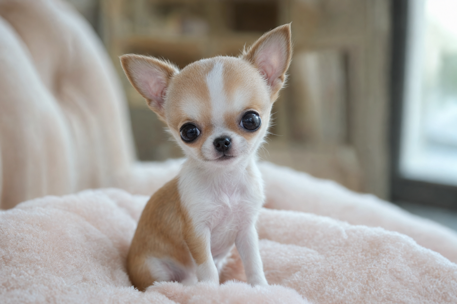 A tiny long-hair Chihuahua puppy eating its meal from a small silver food bowl on a wooden floor.