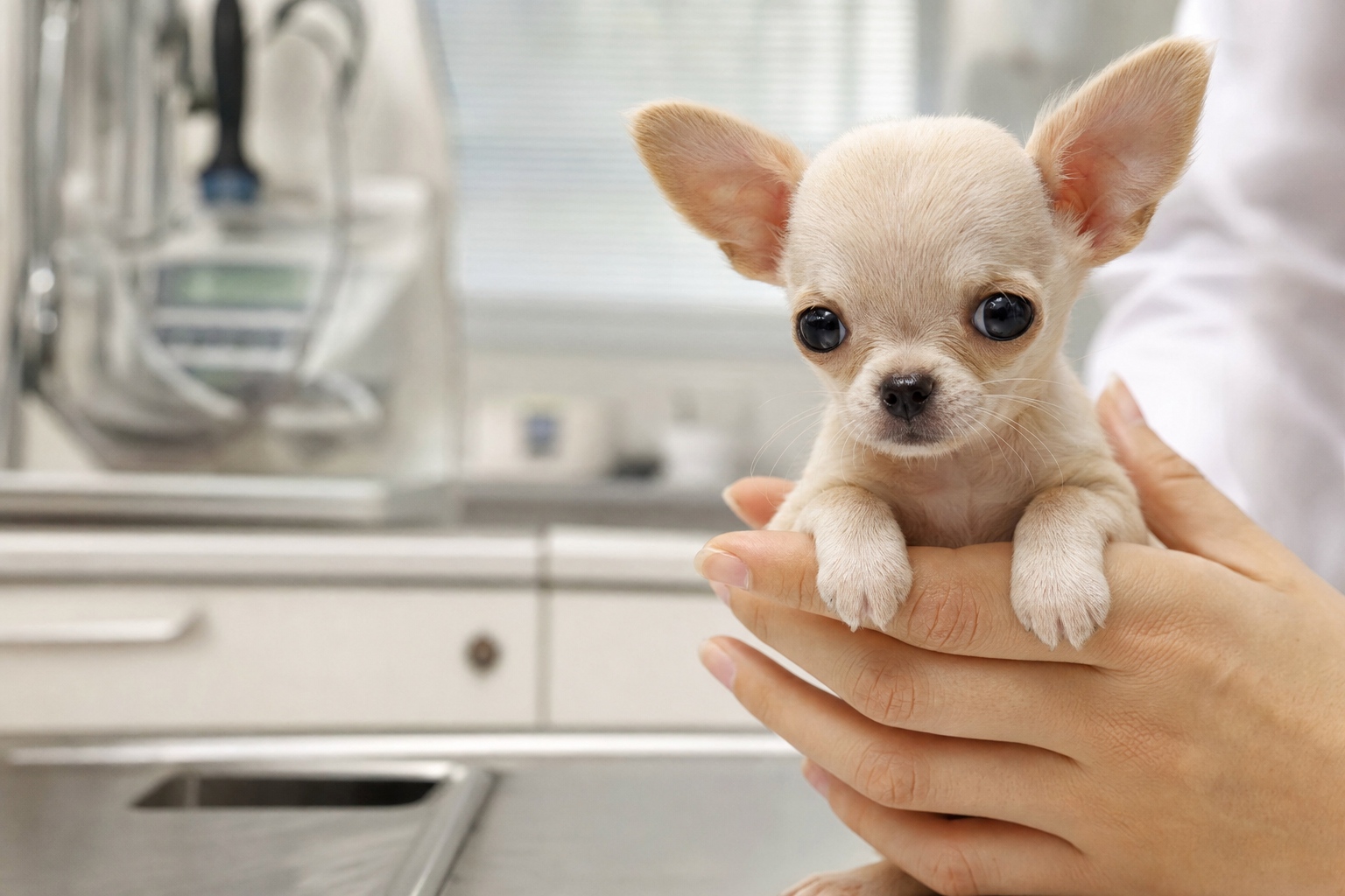 A healthy Apple Head Chihuahua puppy sitting alertly on a soft blanket, looking at the camera with bright eyes.