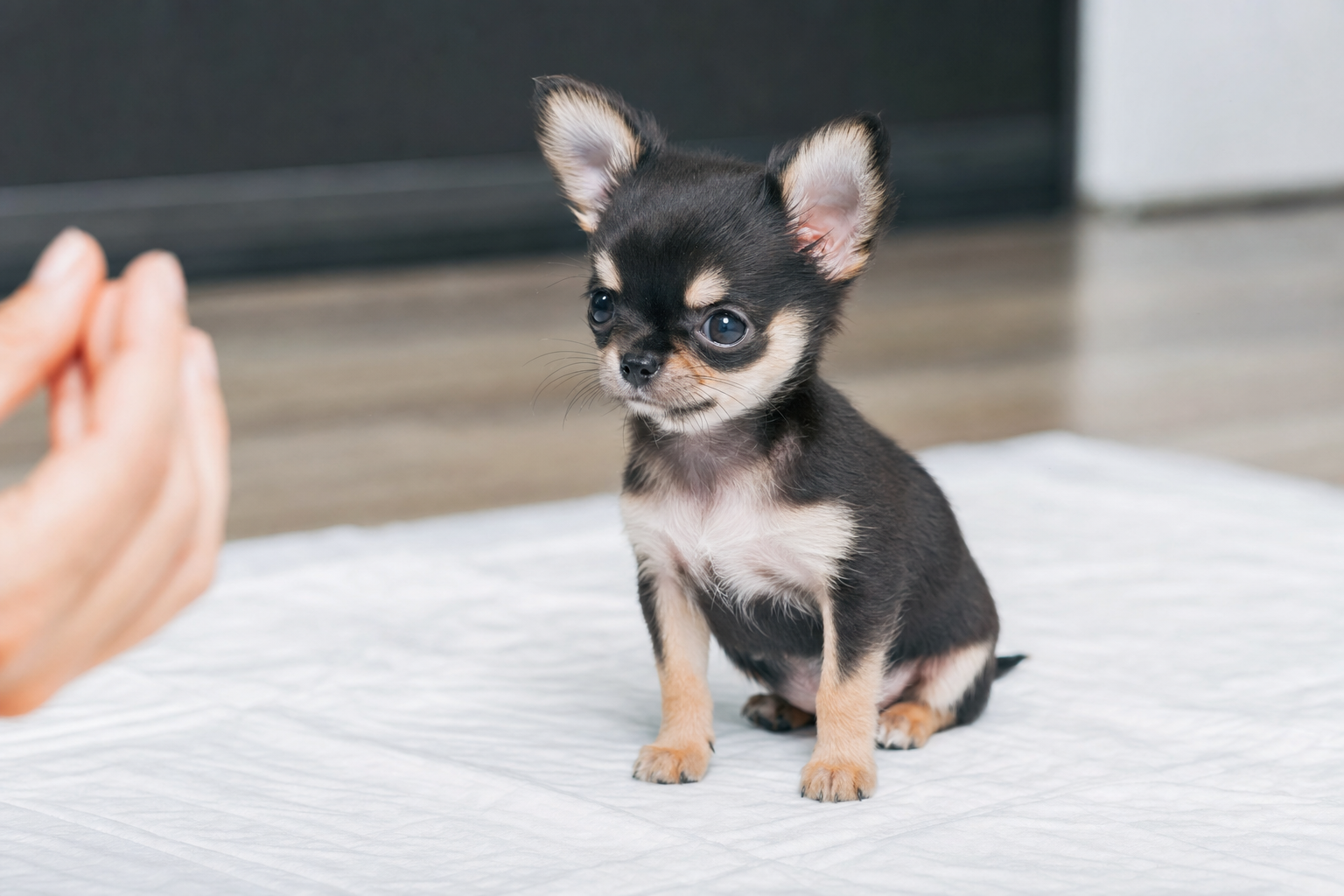 A long hair Chihuahua puppy looking up attentively during a training session with its owner.