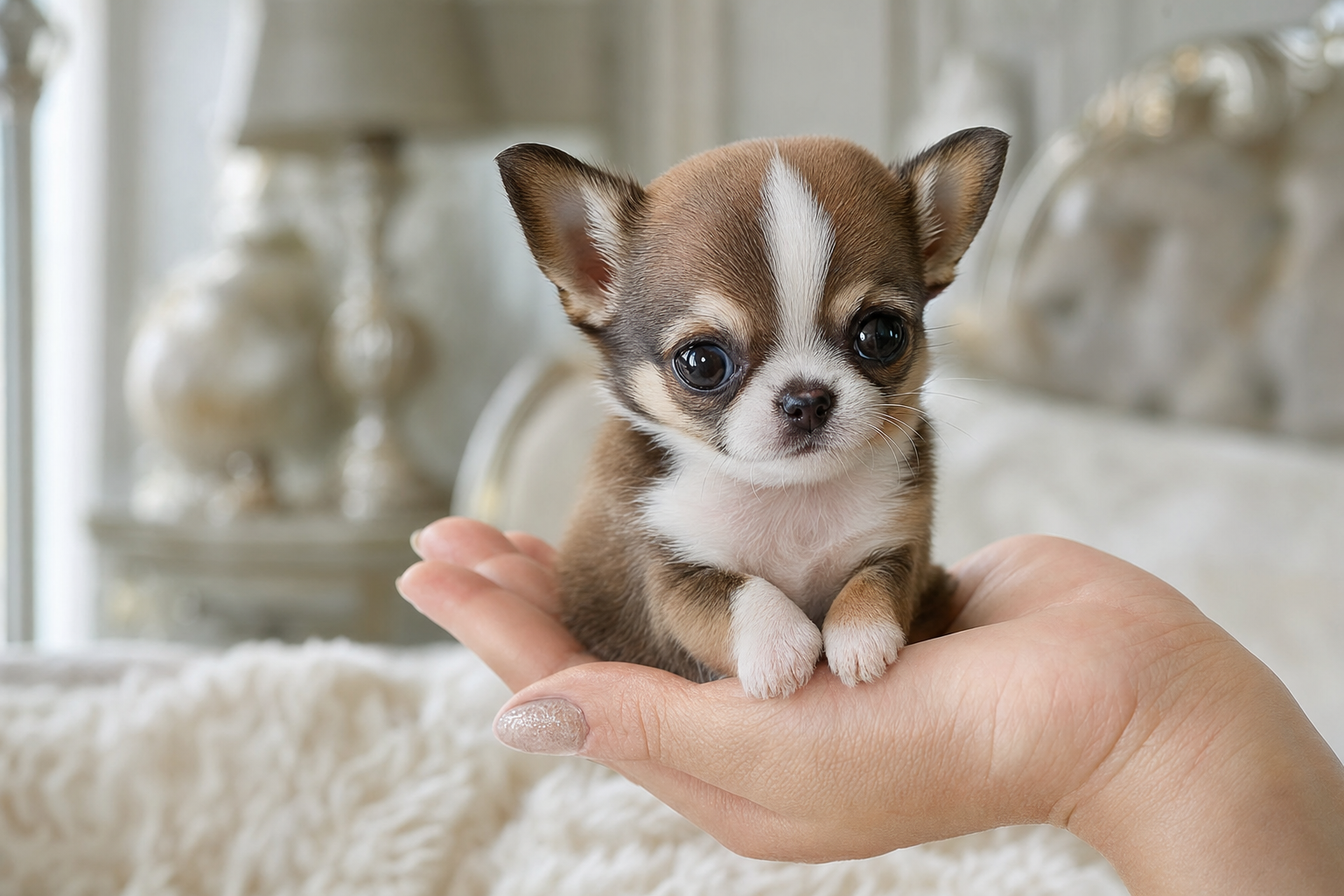 A beautiful long-hair Teacup Chihuahua puppy sitting inside a modern Washington, D.C. apartment.