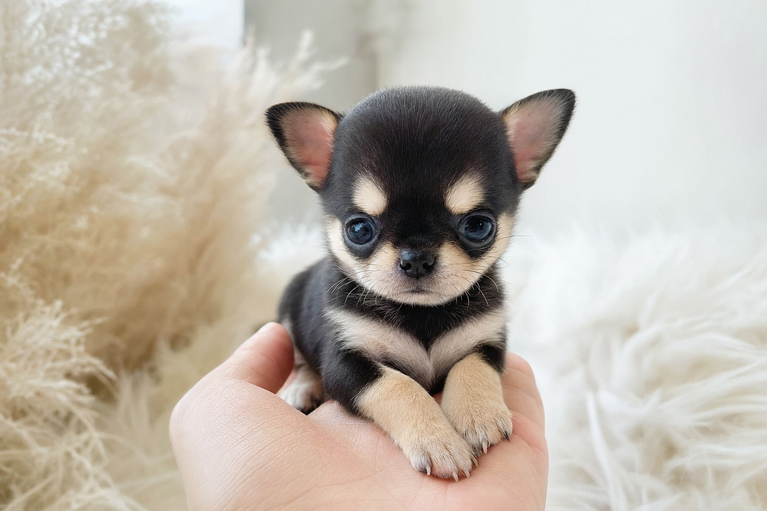 A healthy fawn-colored long hair Chihuahua puppy sitting on a soft blanket.