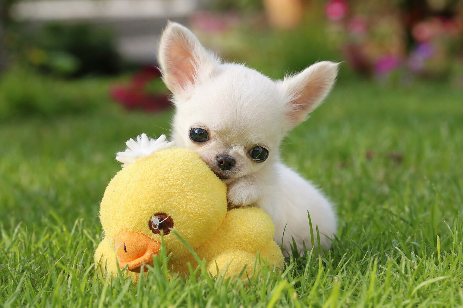 A playful Apple Head Chihuahua puppy chasing a small red ball across a green lawn on a sunny autumn day.