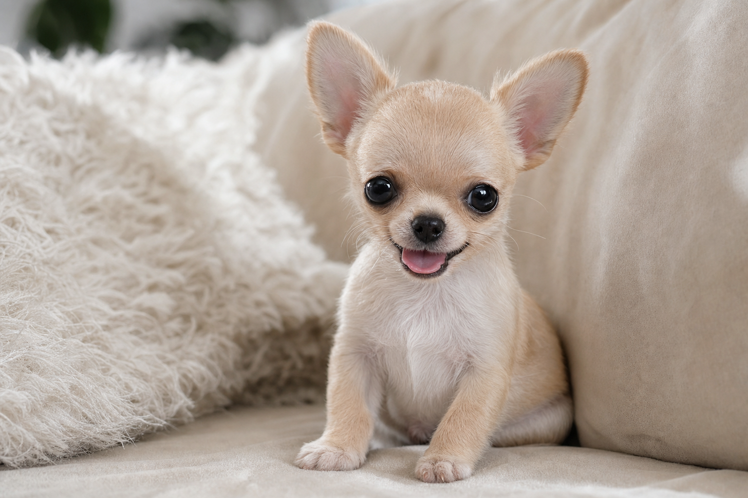A tiny long-haired Chihuahua puppy looking curiously at the camera, sitting on a soft blanket indoors.