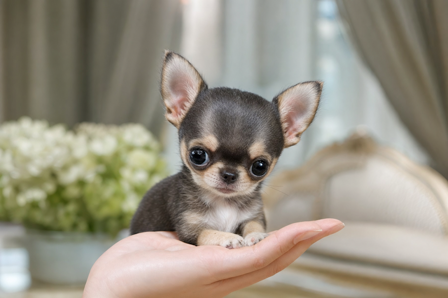 A long hair Chihuahua puppy with big eyes sits on a cream-colored couch in a sunny room.