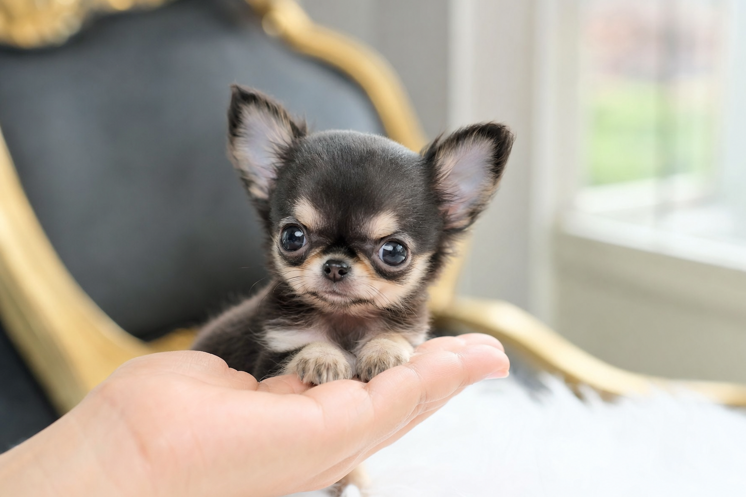 A person's hands carefully holding a small, fluffy long-hair Chihuahua puppy.