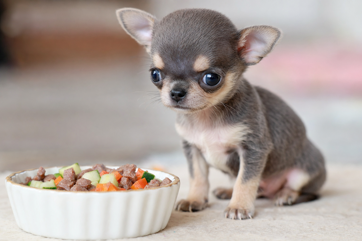 A healthy Long Hair Chihuahua looking attentively at a bowl of high-quality kibble, illustrating proper nutrition.