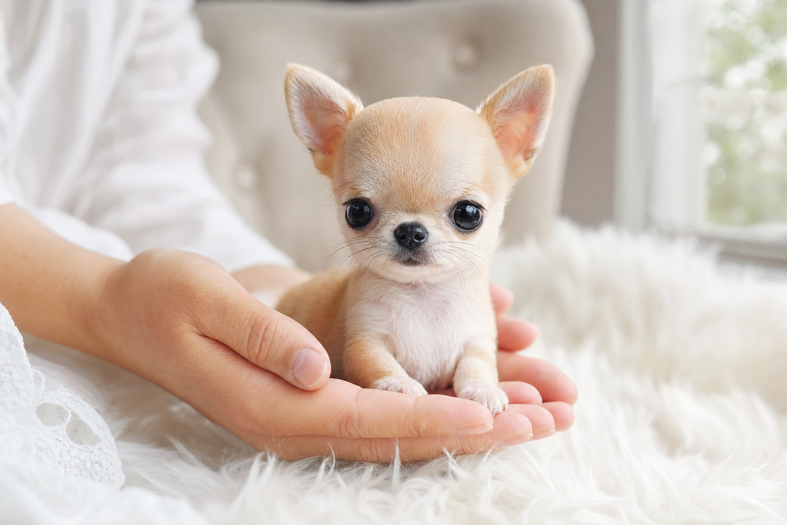 A tiny, fawn-colored Apple Head Chihuahua puppy sits on a couch in a sunny living room.