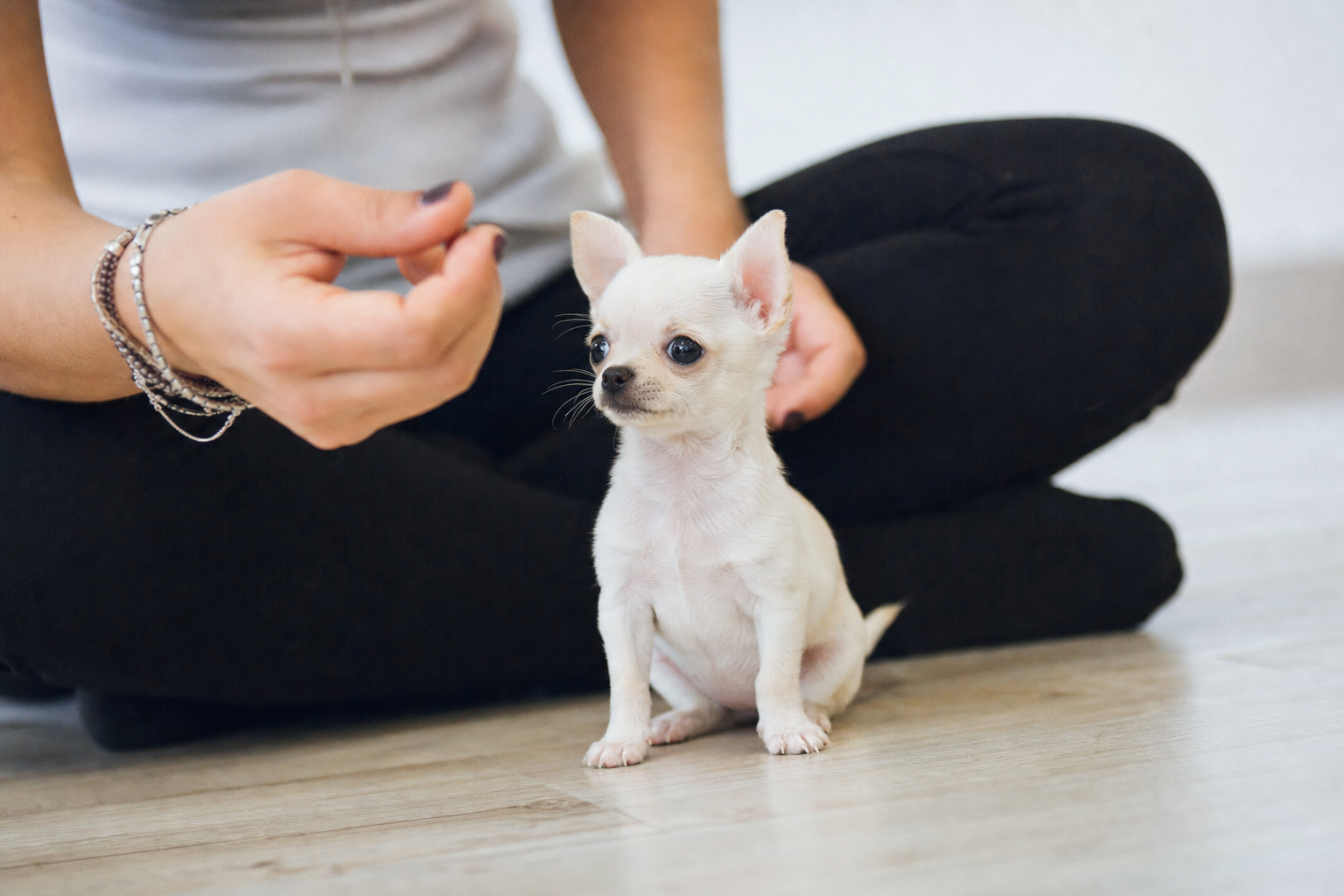 A focused Apple Head Chihuahua puppy sitting patiently on a soft rug, looking up at its owner during a training session in a sunlit room.