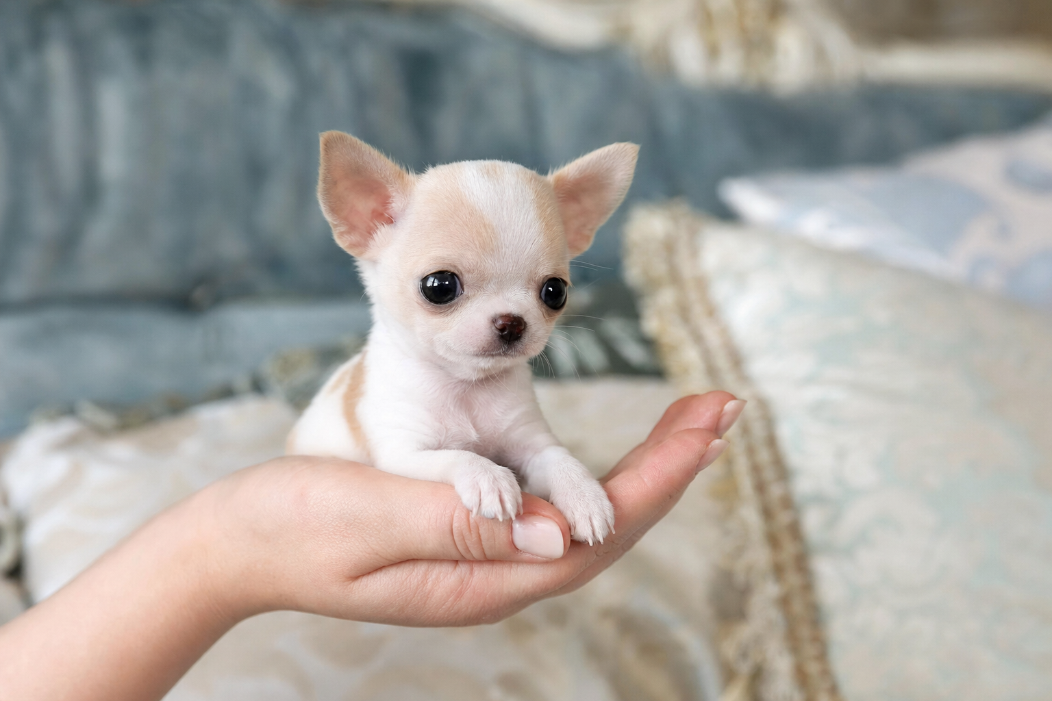 A beautiful cream-colored Apple Head Chihuahua puppy sitting indoors on a soft white rug.