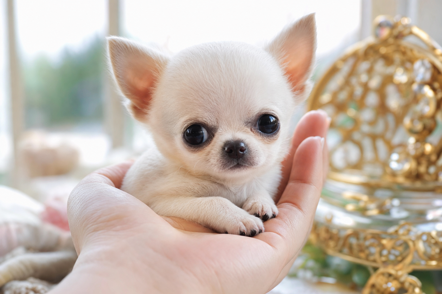 A beautiful fawn Apple Head Chihuahua puppy with big eyes sitting on a soft white blanket.