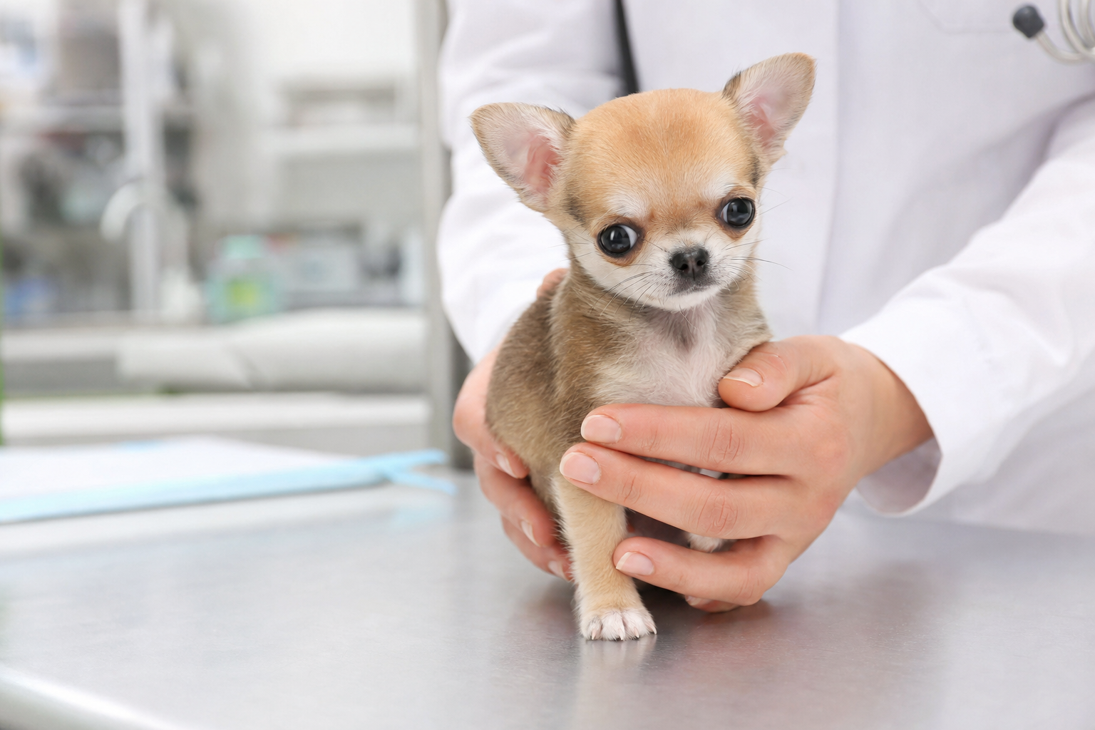 A healthy Apple Head Chihuahua puppy with a shiny coat sitting alertly in a sunlit room.