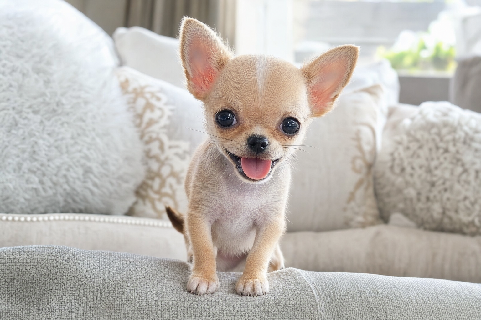 Adorable Apple Head Chihuahua puppy looking up curiously from a soft blanket, representing daily puppy life.