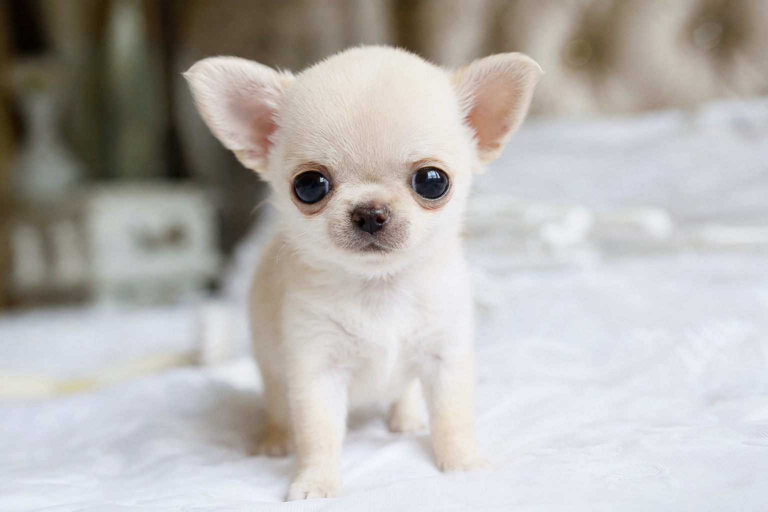 A beautiful long-haired fawn Chihuahua puppy sitting on a white rug in a sunny room.