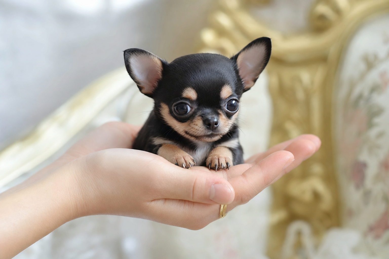 A close-up photo of a small cream-colored Apple Head Chihuahua puppy sitting on a soft white blanket.