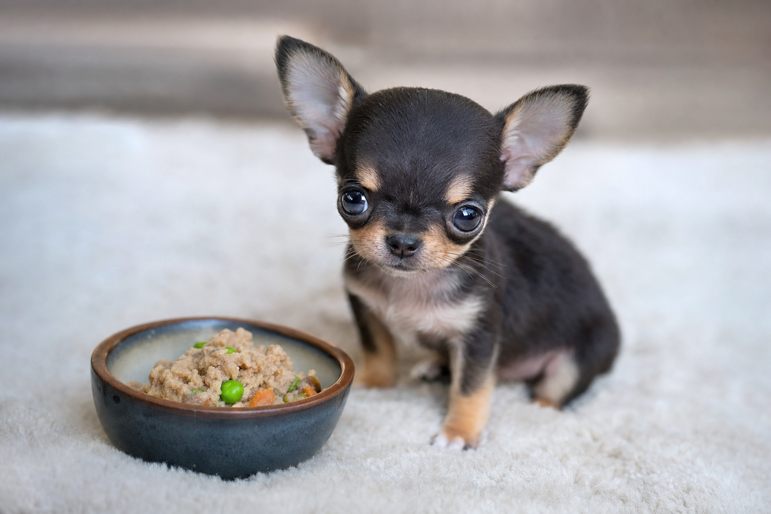 A healthy long hair Chihuahua puppy eating from a small food bowl filled with high-quality kibble.