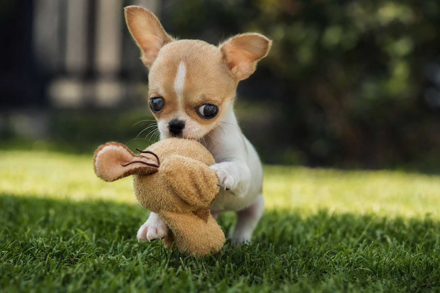 A long-haired Chihuahua puppy playing with a colorful puzzle toy on a cozy rug inside a home.
