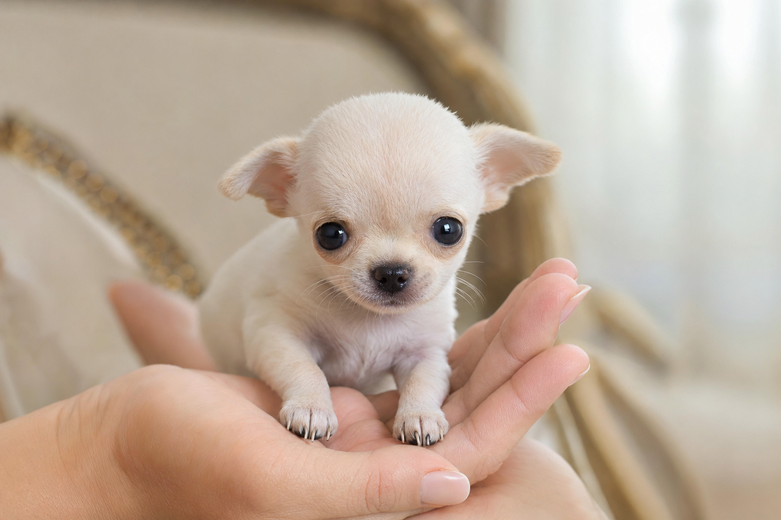 A small fawn Chihuahua puppy peeking out of a black mesh pet carrier in an airport terminal.