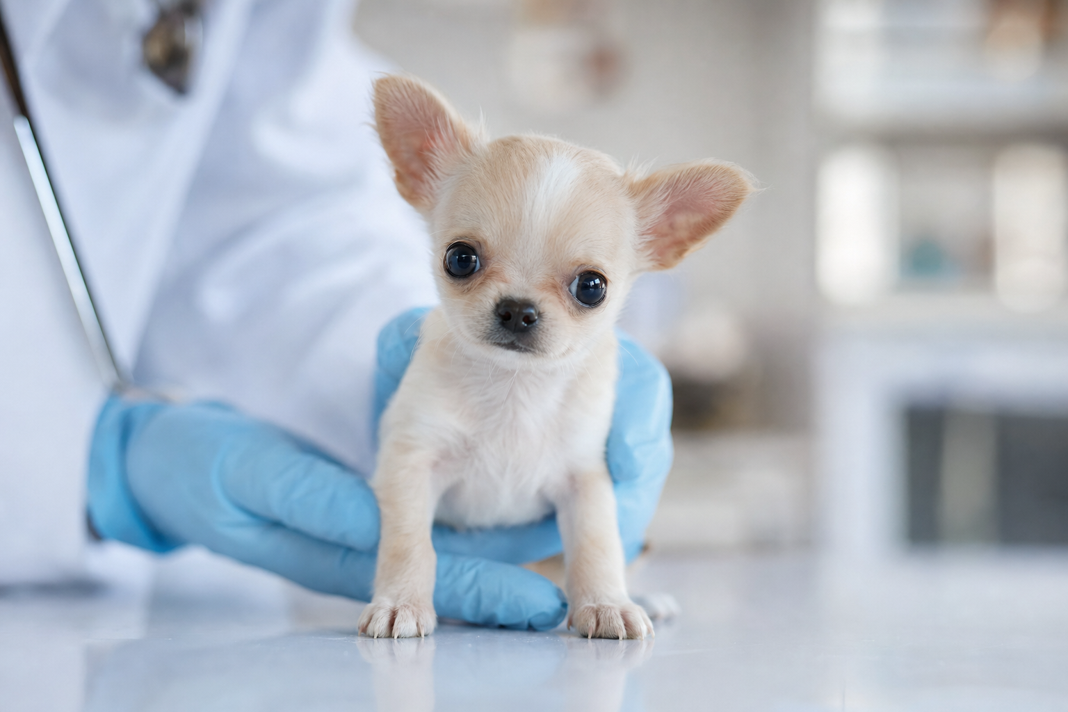A healthy, alert long-hair Chihuahua puppy sitting on a soft white blanket, looking directly at the camera with bright, clear eyes.