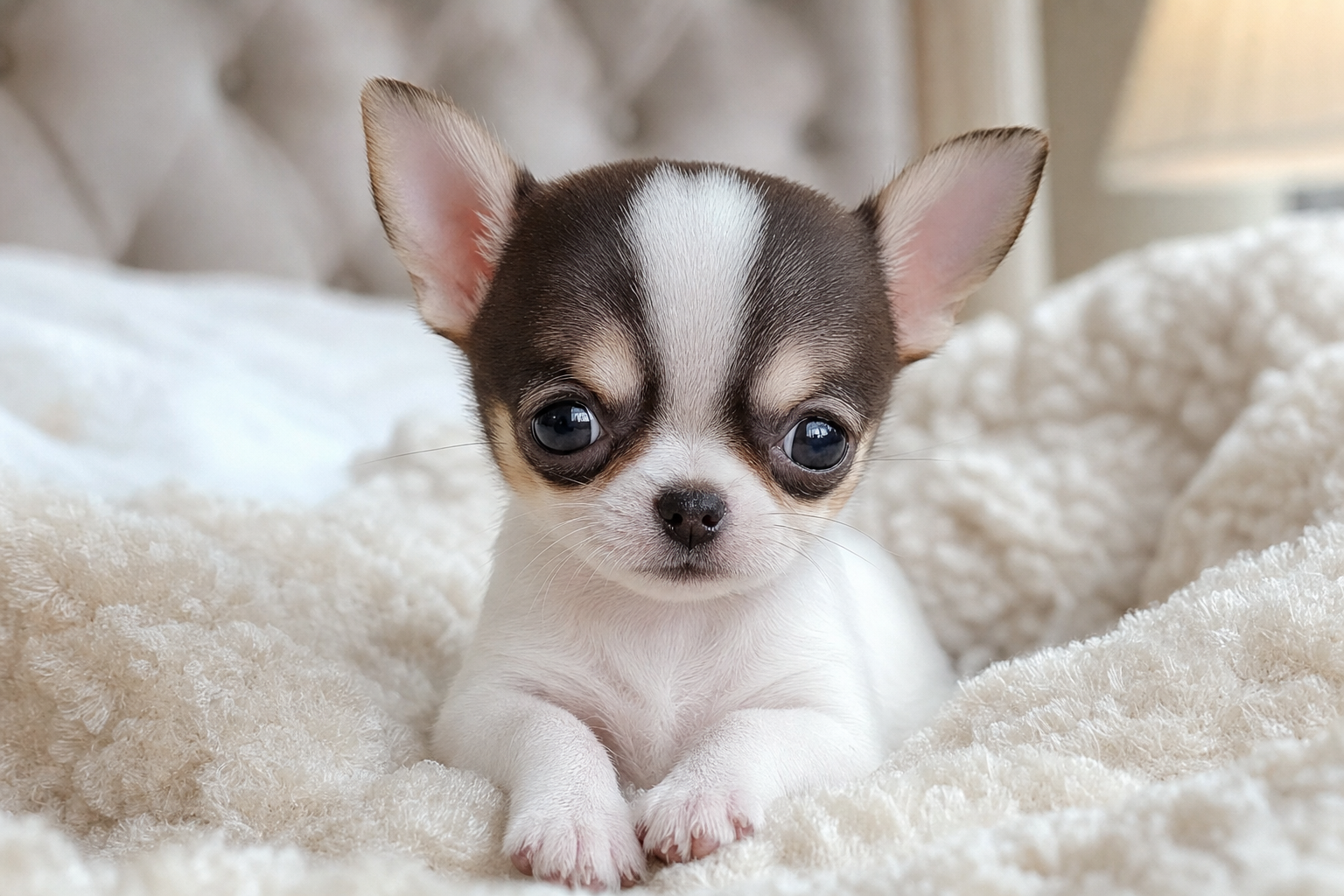 A tiny Teacup Chihuahua puppy sitting on a soft white blanket in a sunny room.