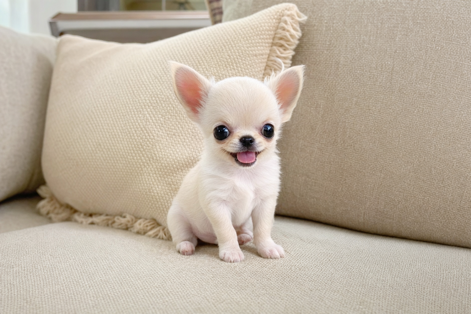 A tiny Apple Head Chihuahua puppy looking curious, sitting on a soft blanket indoors, representing the early days of puppyhood.