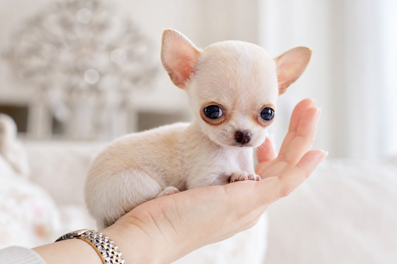 A small fawn Chihuahua puppy looking out from inside an airline-approved travel carrier.