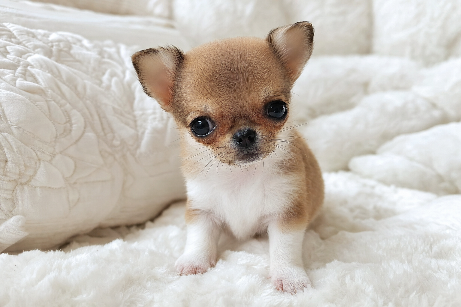 A young adult smiling while holding a tiny Teacup Chihuahua puppy on their lap in a bright, modern apartment.