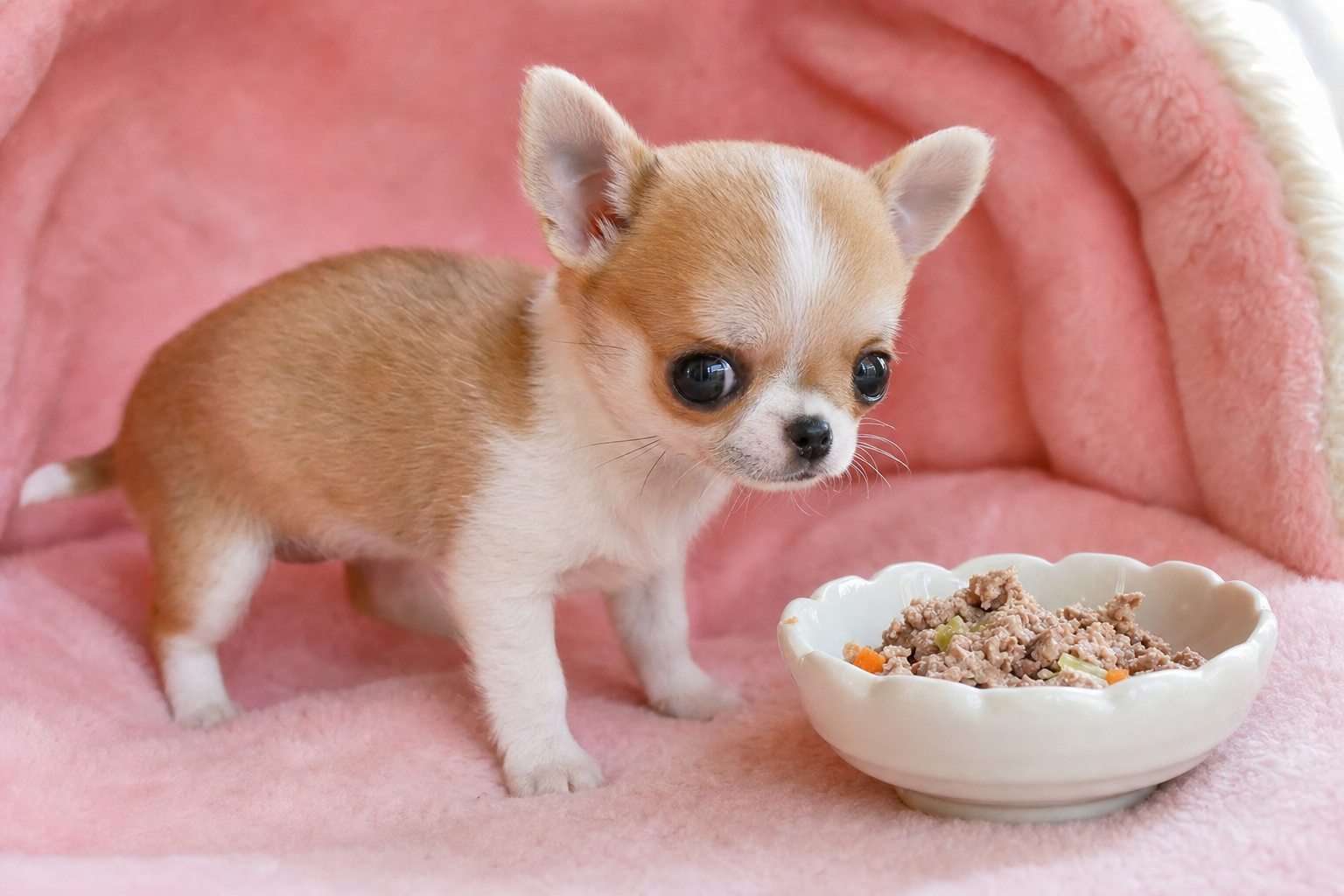 A healthy Apple Head Chihuahua puppy eating from a small food bowl, illustrating proper Chihuahua nutrition and feeding schedules.
