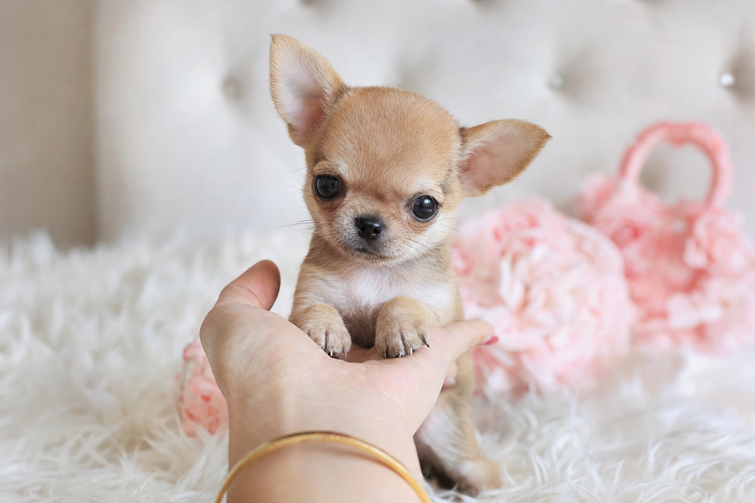 A tiny Teacup Chihuahua puppy with big eyes sitting inside a person's purse on a sunny day in San Jose.