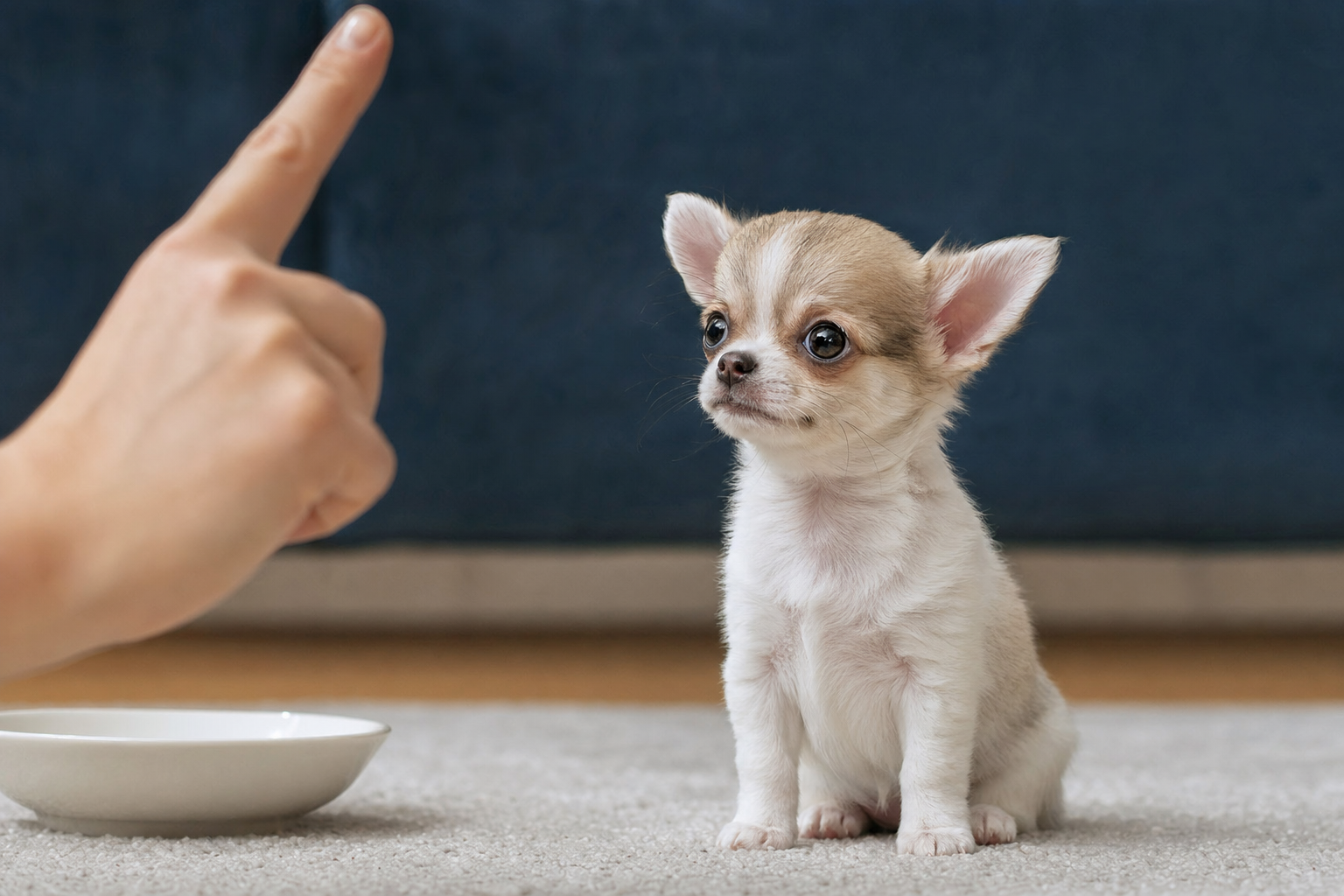A well-behaved long hair Chihuahua puppy sitting attentively on a green lawn during a fall training session.